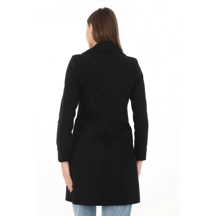 Kadın Kaşe Kaban – Siyah Yünlü Dokuma, Kruvaze Yaka, Astarlı, Cepli, Kuşaklı Uzun Boy Tesettür Uyumlu Kışlık Şık Kaban - Siyah