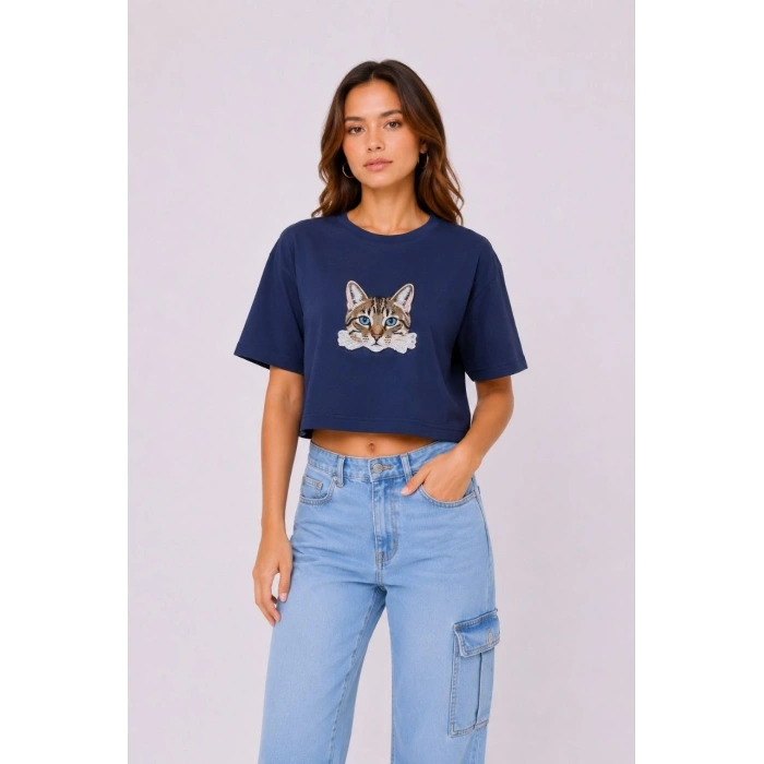 Kadın Kedi Baskılı Oversize Crop Tişört Salaş Basic Yarım Kol T-shirt - Lacivert