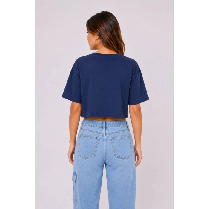 Kadın Kedi Baskılı Oversize Crop Tişört Salaş Basic Yarım Kol T-shirt - Lacivert