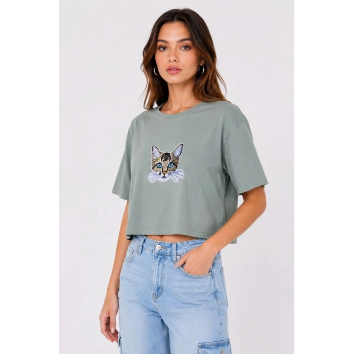 Kadın Kedi Baskılı Oversize Crop Tişört Salaş Basic Yarım Kol T-shirt - Mint Yeşili