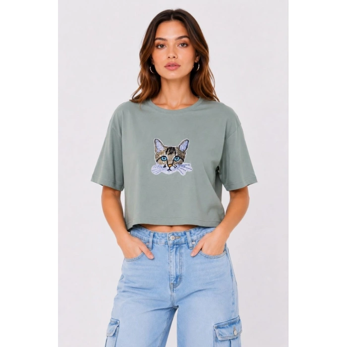 Kadın Kedi Baskılı Oversize Crop Tişört Salaş Basic Yarım Kol T-shirt - Mint Yeşili
