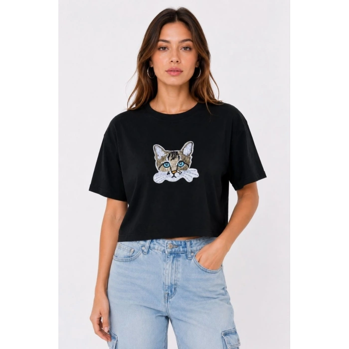 Kadın Kedi Baskılı Oversize Crop Tişört Salaş Basic Yarım Kol T-shirt - Siyah