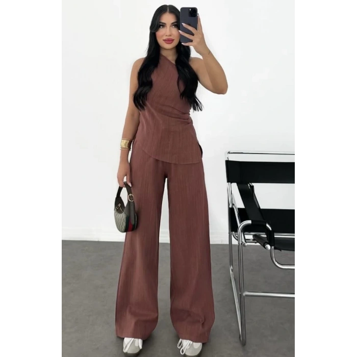 Kadın Keten Asimetrik Tek Omuzlu Bluz Pantalon Takım- Bordo