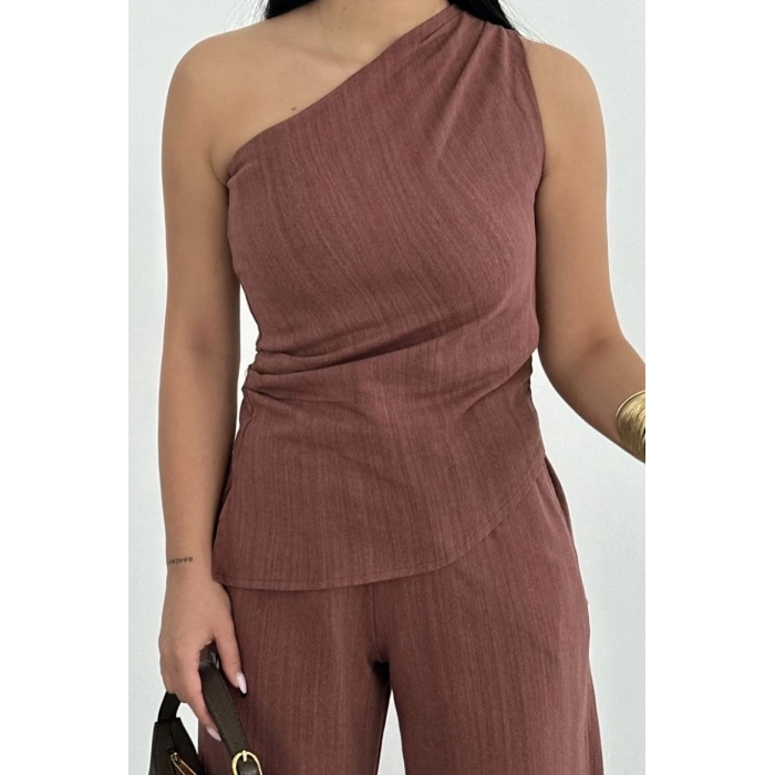 Kadın Keten Asimetrik Tek Omuzlu Bluz Pantalon Takım- Bordo