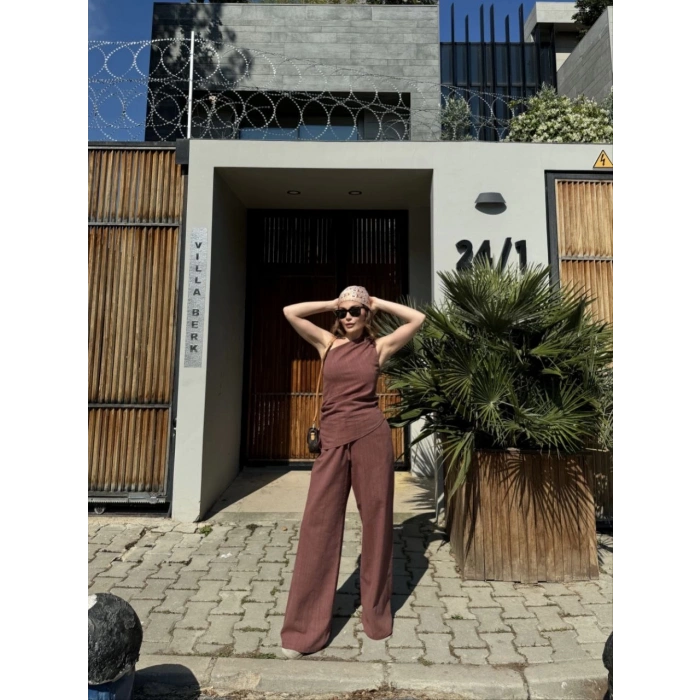 Kadın Keten Asimetrik Tek Omuzlu Bluz Pantalon Takım- Bordo