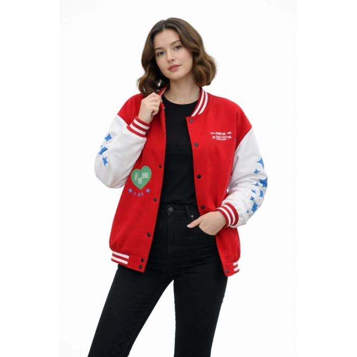 Kadın Kırmızı Varsity Çıtçıtlı Baskılı Oversize kalıp Kolej Ceket - Kırmızı