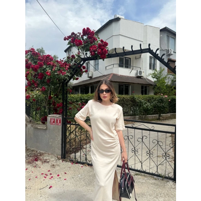 Kadın Kısa Kollu Uzun Yandan Yırtmaçlı Elbise - Bej