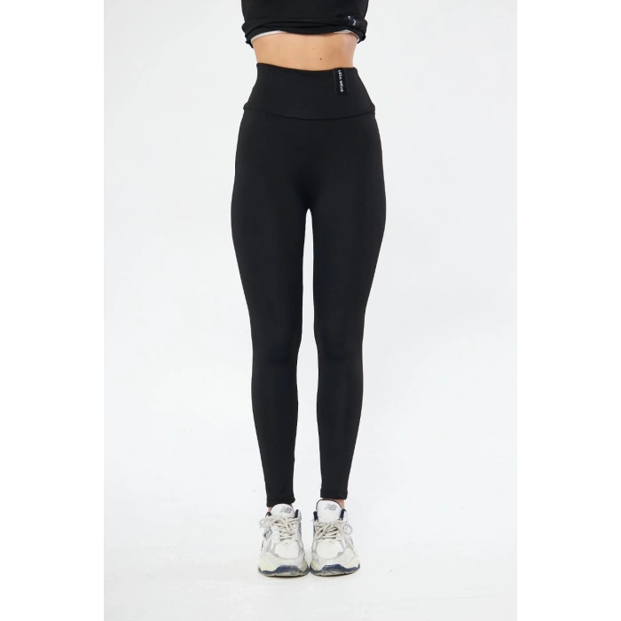 Kadın Kışlık Yüksek Bel Toparlayicı ve Sıkılaştırıcı Likralı Şardonlu Tayt - Siyah