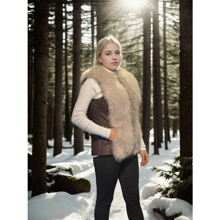 Kadın Kolsuz Fermuarlı Yelek - Kahve