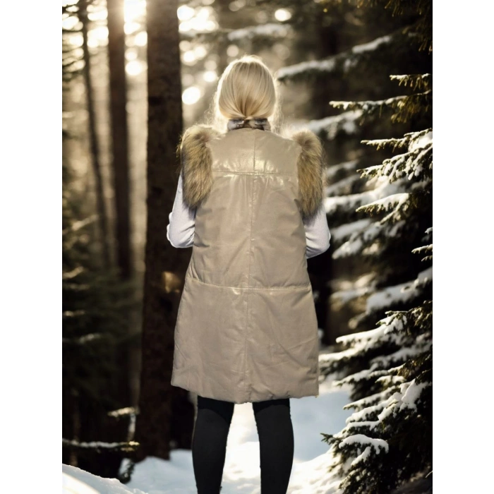 Kadın Kolsuz Hakiki Deri Kürk - Krem