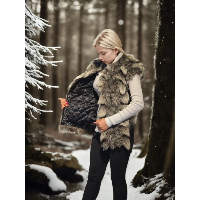 Kadın Kolsuz Hakiki Deri Kürk - Siyah