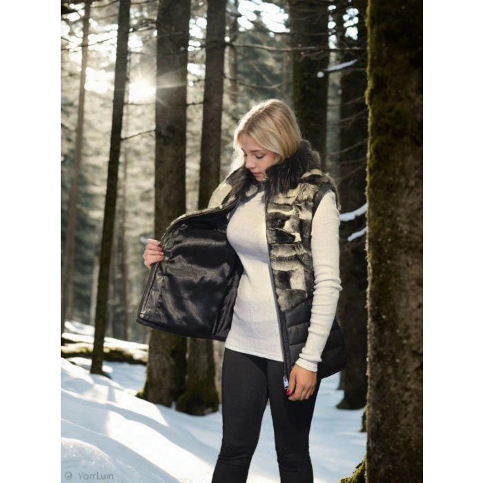 Kadın Kolsuz Hakiki Deri Kürk - Siyah