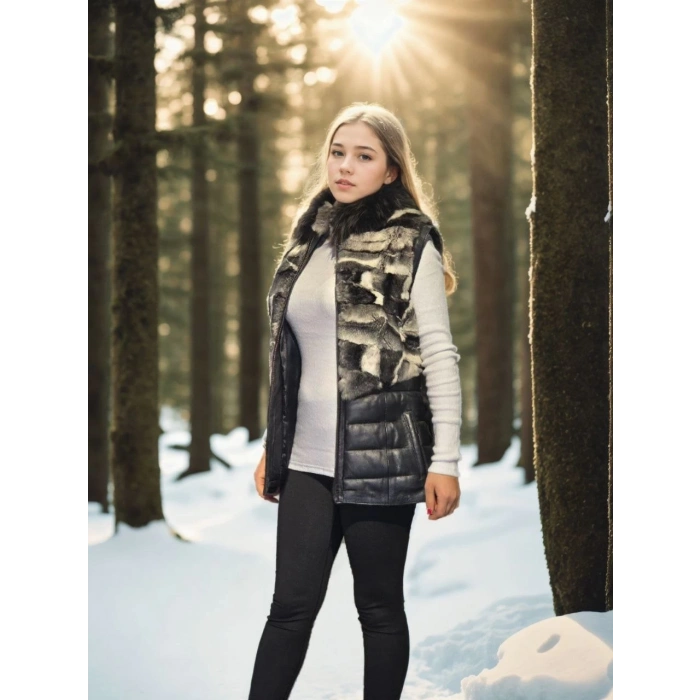 Kadın Kolsuz Hakiki Deri Kürk - Siyah