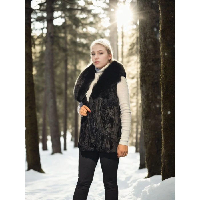 Kadın Kolsuz Hakiki Kürk - Siyah