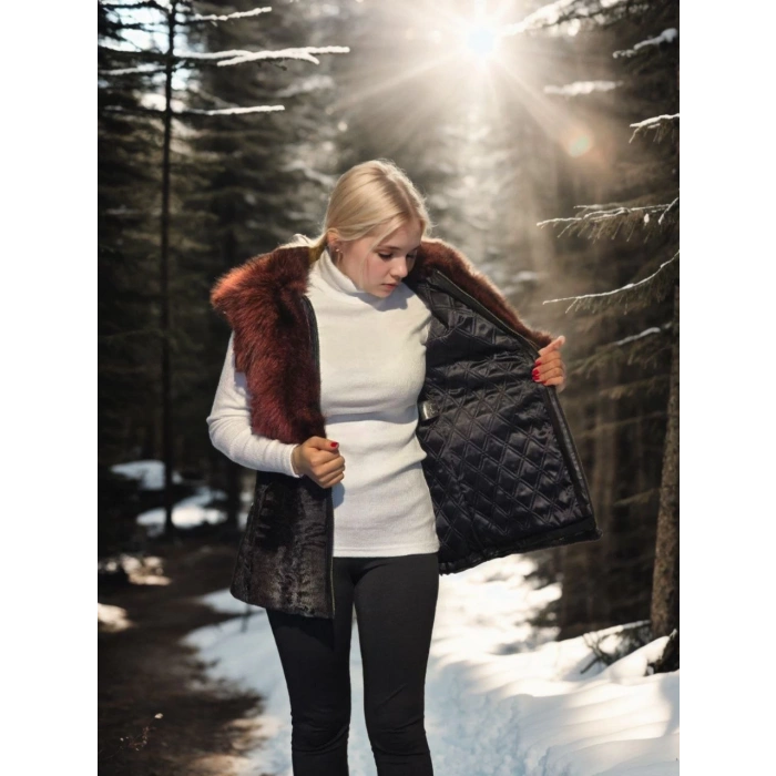 Kadın Kolsuz Hakiki Kürk - Siyah