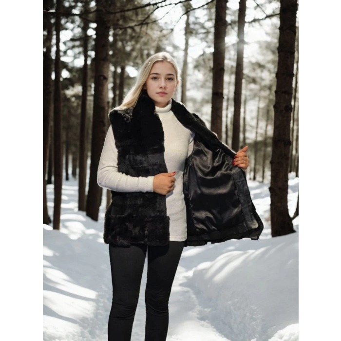 Kadın Kolsuz Hakiki Kürk - Siyah