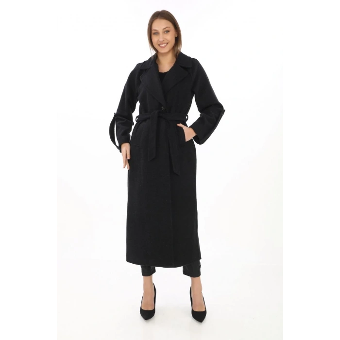 Kadın Kolu Apoletli Astarlı Kaşmir Kaşe Kaban - Siyah