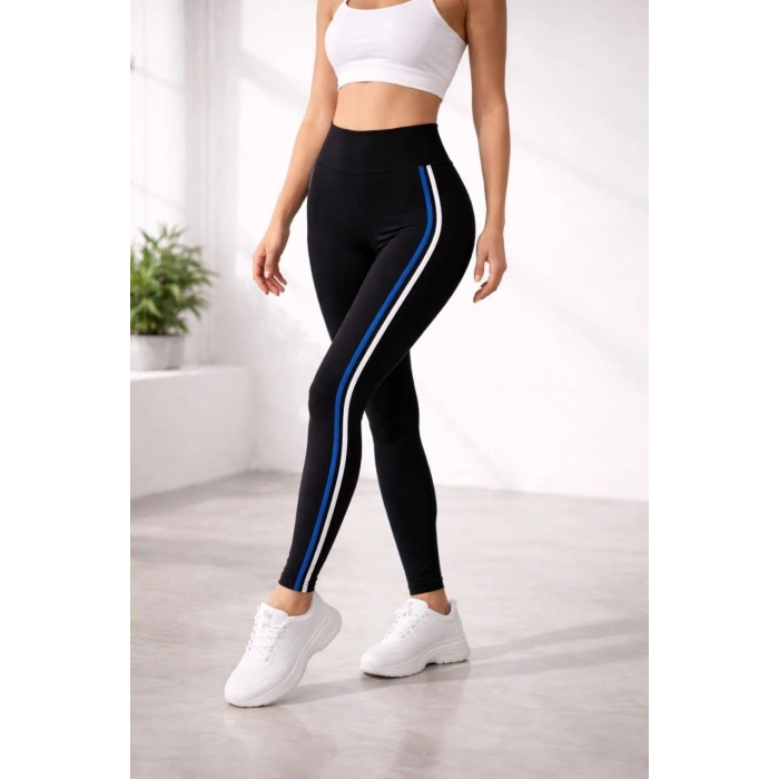 Kadın Likralı Yan Beyaz Mavi Şeritli Detaylı Tayt - Siyah