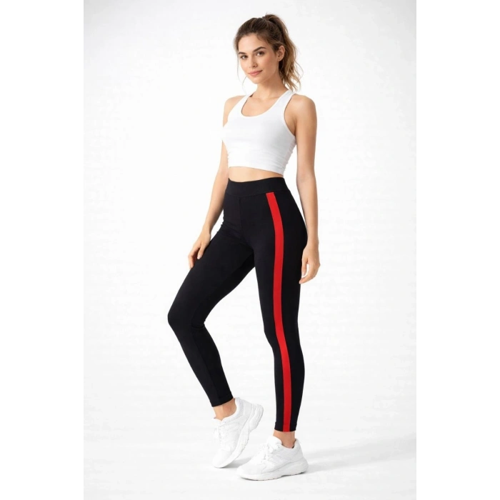 Kadın Likralı Yan Kırmızı Şeritli Detaylı Tayt - Siyah