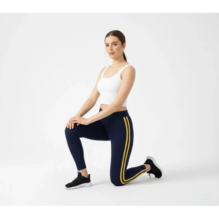 Kadın Likralı Yan Sarı Şeritli Detaylı Tayt - Siyah