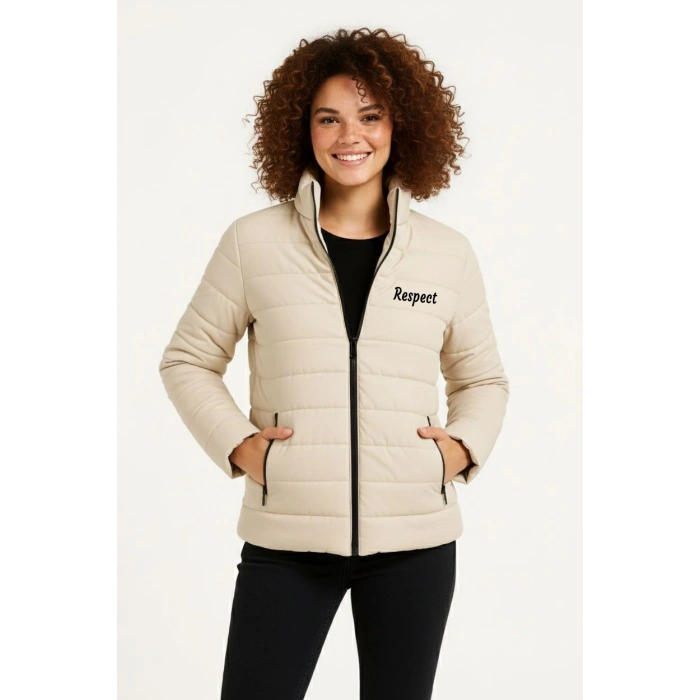 Kadın Mikro Su İtici Kapitone Baskılı Astarlı Fermuarlı Bomber Mont - Bej