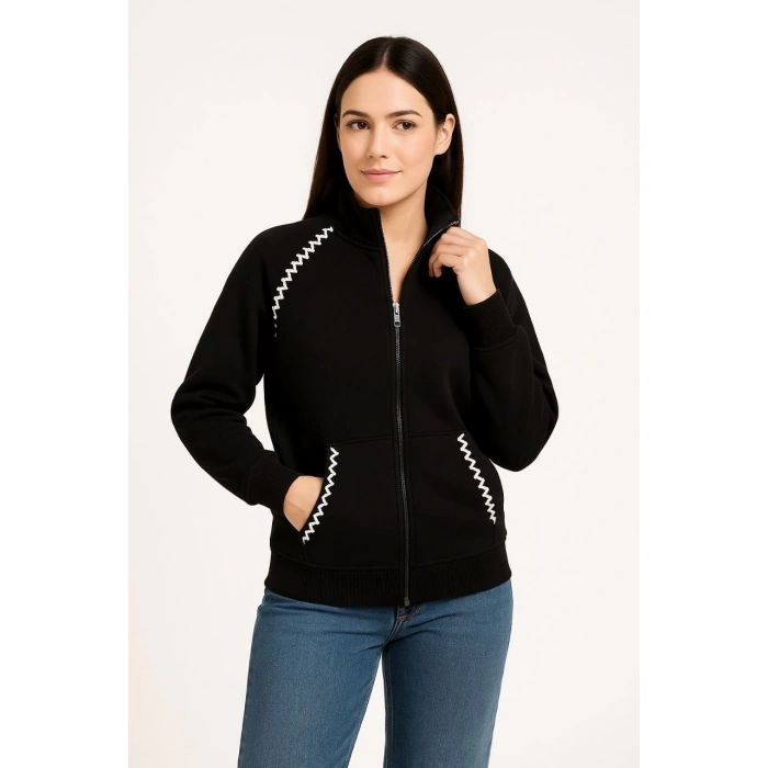 Kadın Oversize Dik Yaka Fermuarlı Sweatshirt - Zincir Nakışli Kanguru Cepli, - Siyah