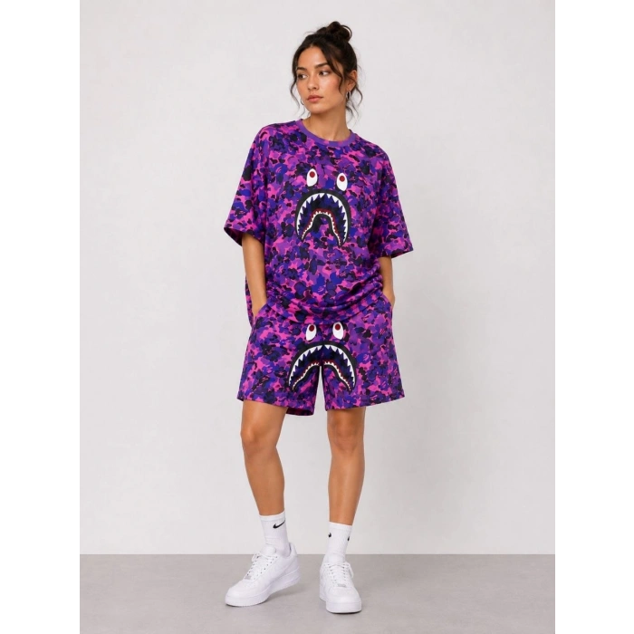 Kadın Oversize Kalıp Pubg Bape X Shark Nakışlı Cepli Şort Takım - Mor