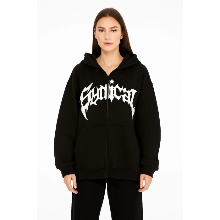 Kadın Kapüşonlu 3 İplik Şardonlu Önü Baskılı Fermuarlı Oversize Sweatshirt - Siyah