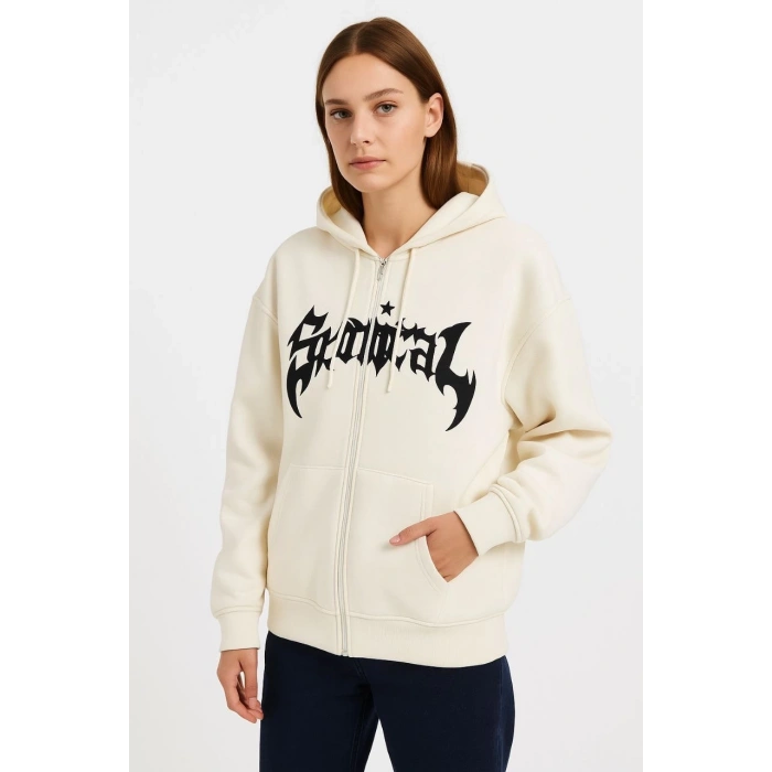 Kadın Kapüşonlu 3 İplik Şardonlu Önü Baskılı Fermuarlı Oversize Sweatshirt - Beyaz