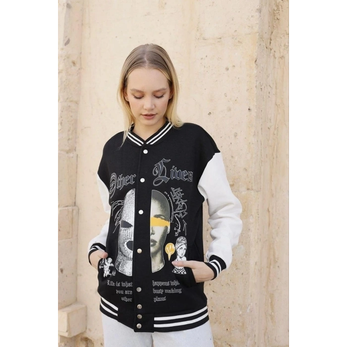 Kadın Oversize Kolej Tarzı Sweatshirt – 3 İplik İçi Pamuklu, Baskılı, Rahat Günlük Ceket - Siyah