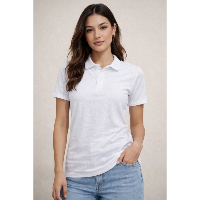 Kadın Polo Yaka Pike Kumaş Düğmeli Basic Tişört T-Shirt Günlük Rahat - Beyaz