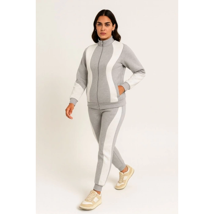 Kadın Premium Parçalı Eşofman Takım - Dik Yaka Fermuarlı Sweatshirt - Gri