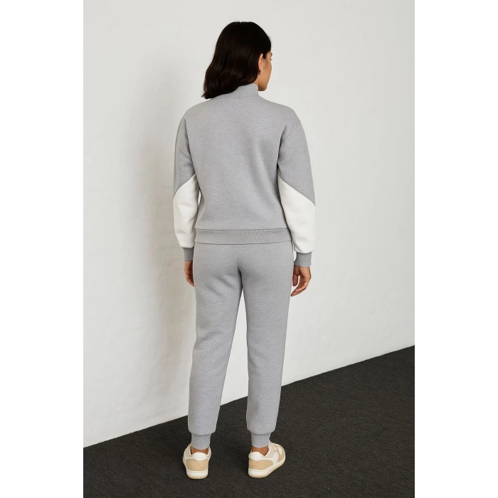 Kadın Premium Parçalı Eşofman Takım - Dik Yaka Fermuarlı Sweatshirt - Gri