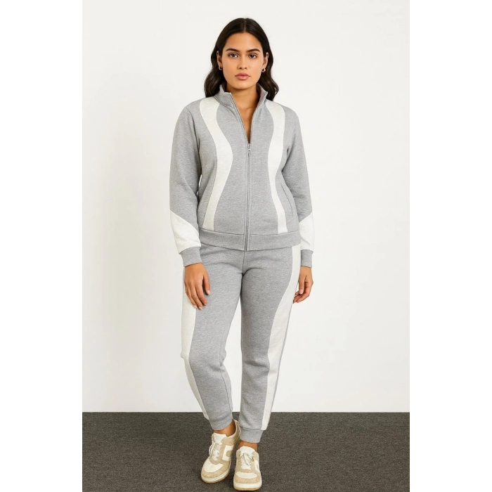 Kadın Premium Parçalı Eşofman Takım - Dik Yaka Fermuarlı Sweatshirt - Gri