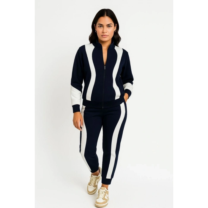 Kadın Premium Parçalı Eşofman Takım - Dik Yaka Fermuarlı Sweatshirt - Siyah