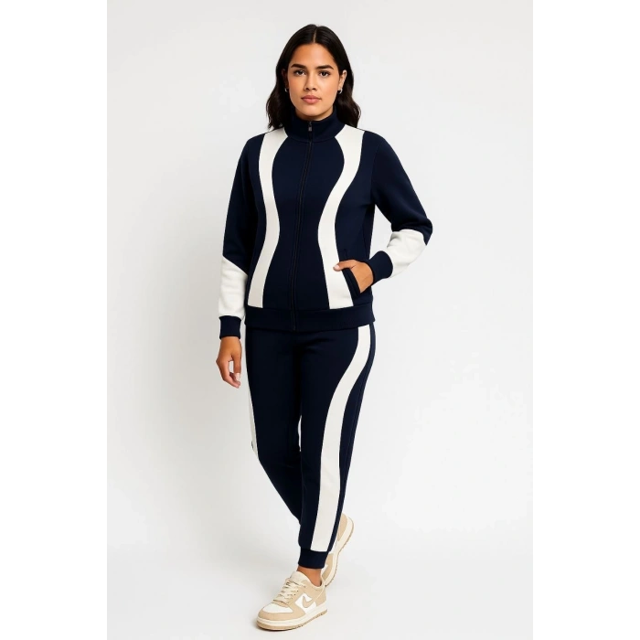 Kadın Premium Parçalı Eşofman Takım - Dik Yaka Fermuarlı Sweatshirt - Siyah