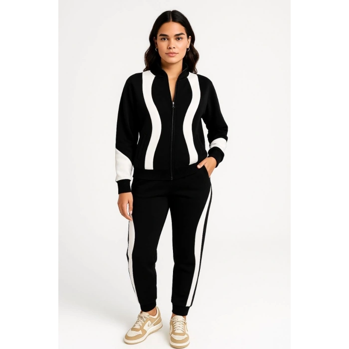 Kadın Premium Parçalı Eşofman Takım - Dik Yaka Fermuarlı Sweatshirt - Siyah