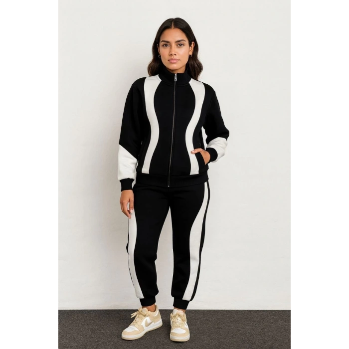 Kadın Premium Parçalı Eşofman Takım - Dik Yaka Fermuarlı Sweatshirt - Siyah