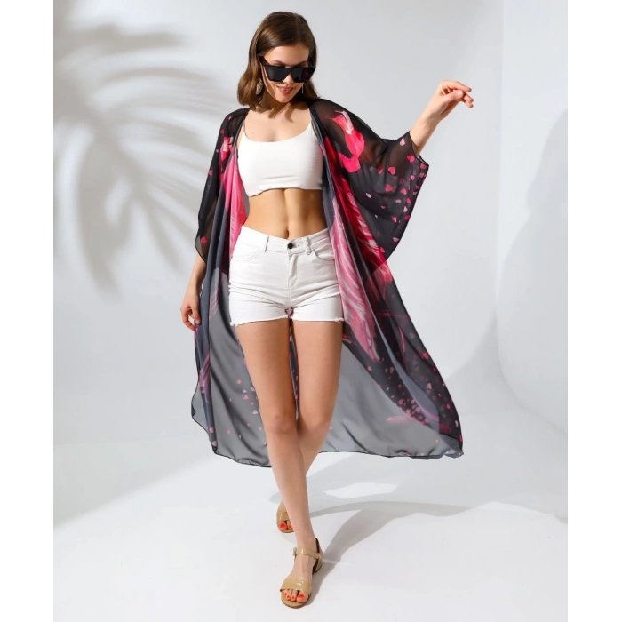 Kadın Rahat Kesim Şifon Kimono - Siyah