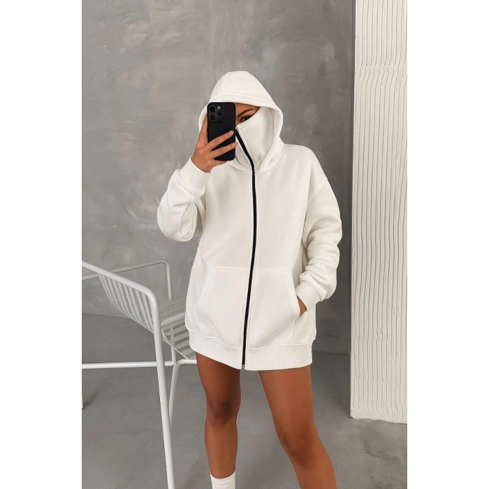 Kadın Samuray Ninja Çift Kapüşonlu Maske Detaylı Fermuarlı Kanguru Cepli Hoodie - Beyaz