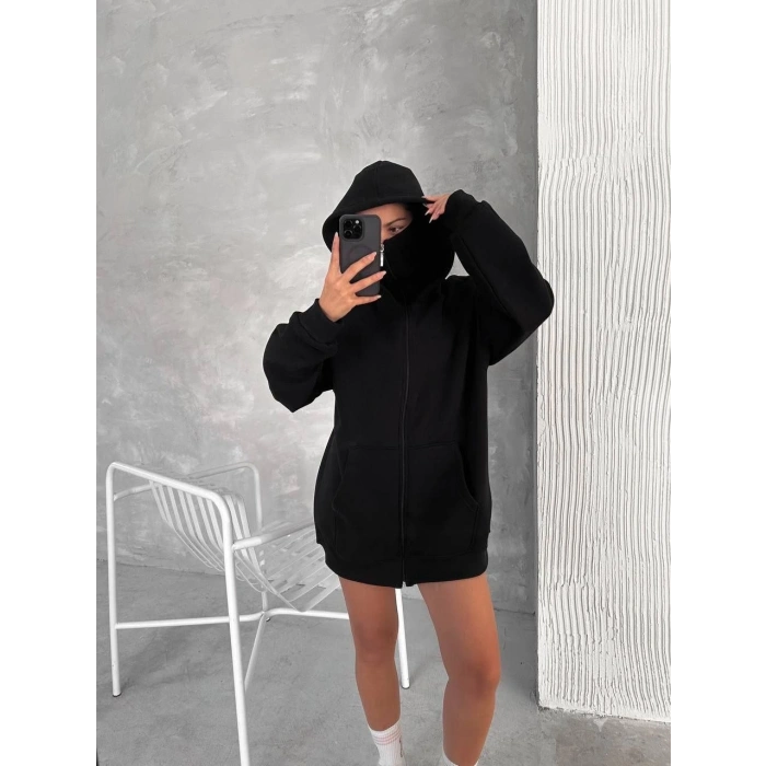 Kadın Samuray Ninja Çift Kapüşonlu Maske Detaylı Fermuarlı Kanguru Cepli Hoodie - Siyah