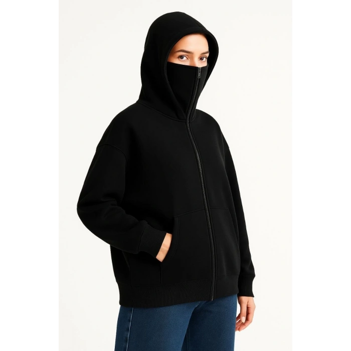 Kadın Samuray Ninja Çift Kapüşonlu Maske Detaylı Fermuarlı Kanguru Cepli Hoodie - Siyah