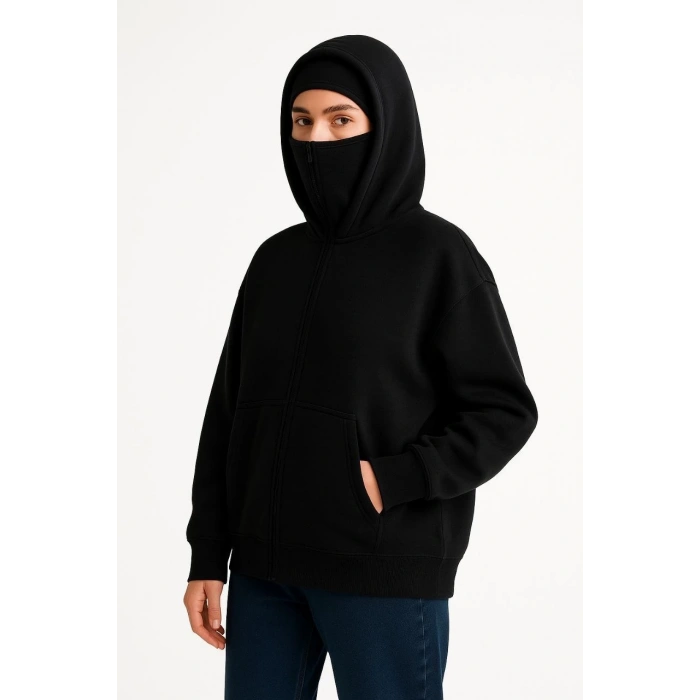 Kadın Samuray Ninja Çift Kapüşonlu Maske Detaylı Fermuarlı Kanguru Cepli Hoodie - Siyah