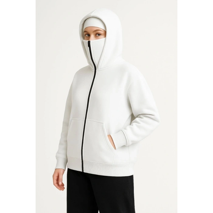 Kadın Samuray Ninja Çift Kapüşonlu Maske Detaylı Fermuarlı Kanguru Cepli Hoodie - Beyaz
