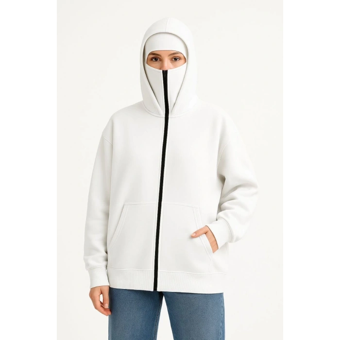 Kadın Samuray Ninja Çift Kapüşonlu Maske Detaylı Fermuarlı Kanguru Cepli Hoodie - Beyaz