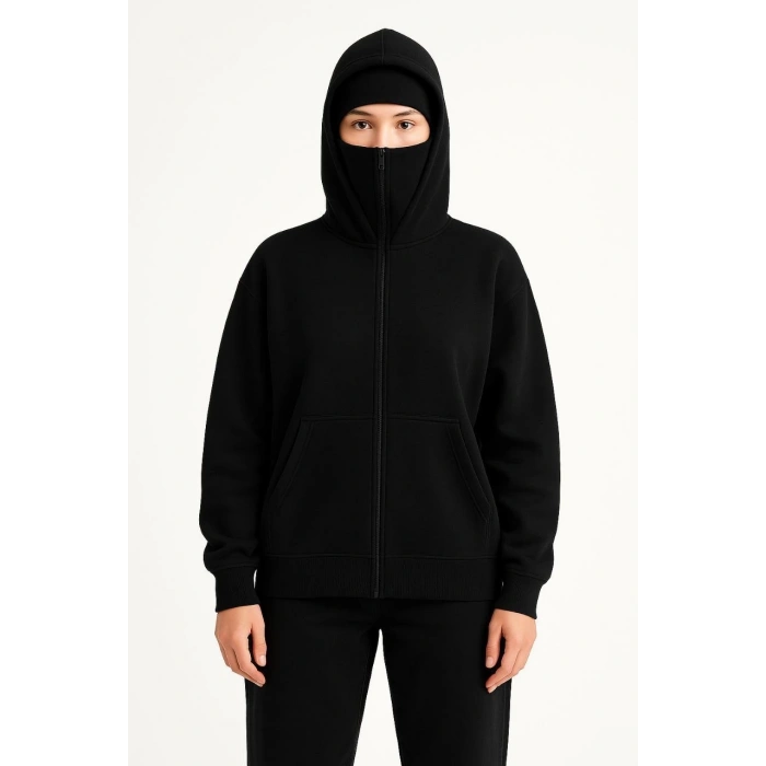 Kadın Samuray Ninja Çift Kapüşonlu Maske Detaylı Fermuarlı Kanguru Cepli Hoodie - Siyah