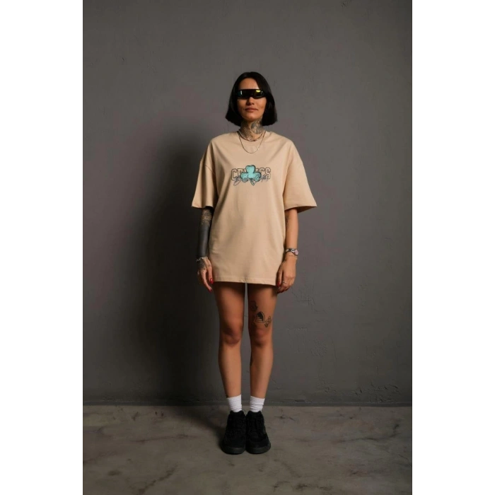 Kadın Sırt Baskılı T-shirt - Bej