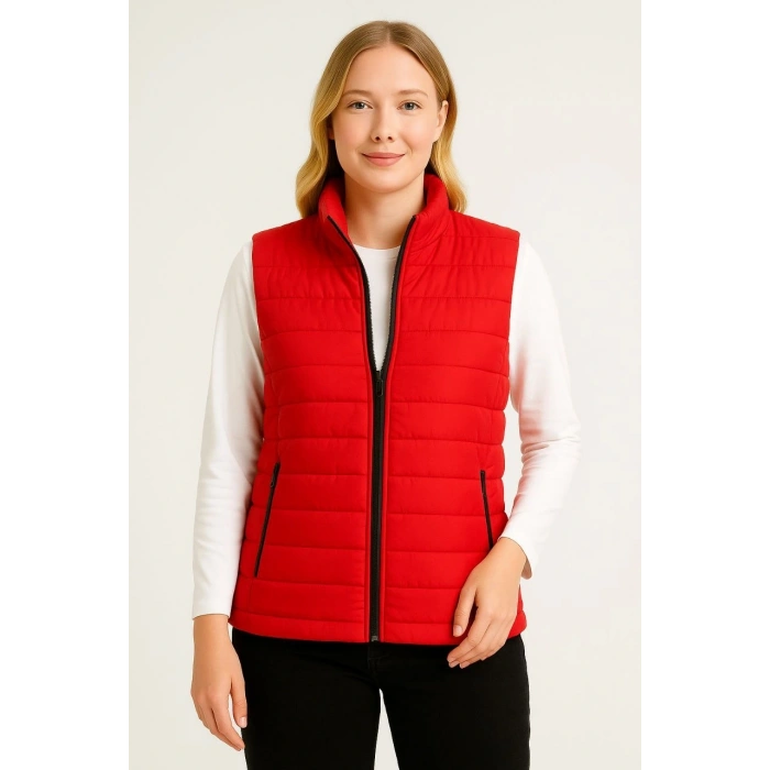 Kadın Şişme Fermuarlı Yelek Su itici Kapitone Astarlı Kumaş Cepli Hafif Kışlık Spor Rahat Kalıp - Kırmızı