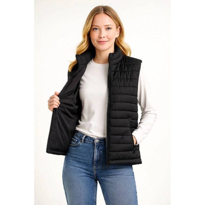 Kadın Şişme Fermuarlı Yelek Su itici Kapitone Astarlı Kumaş Cepli Hafif Kışlık Spor Rahat Kalıp - Siyah