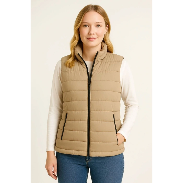 Kadın Şişme Fermuarlı Yelek Su itici Kapitone Astarlı Kumaş Cepli Hafif Kışlık Spor Rahat Kalıp - Bej